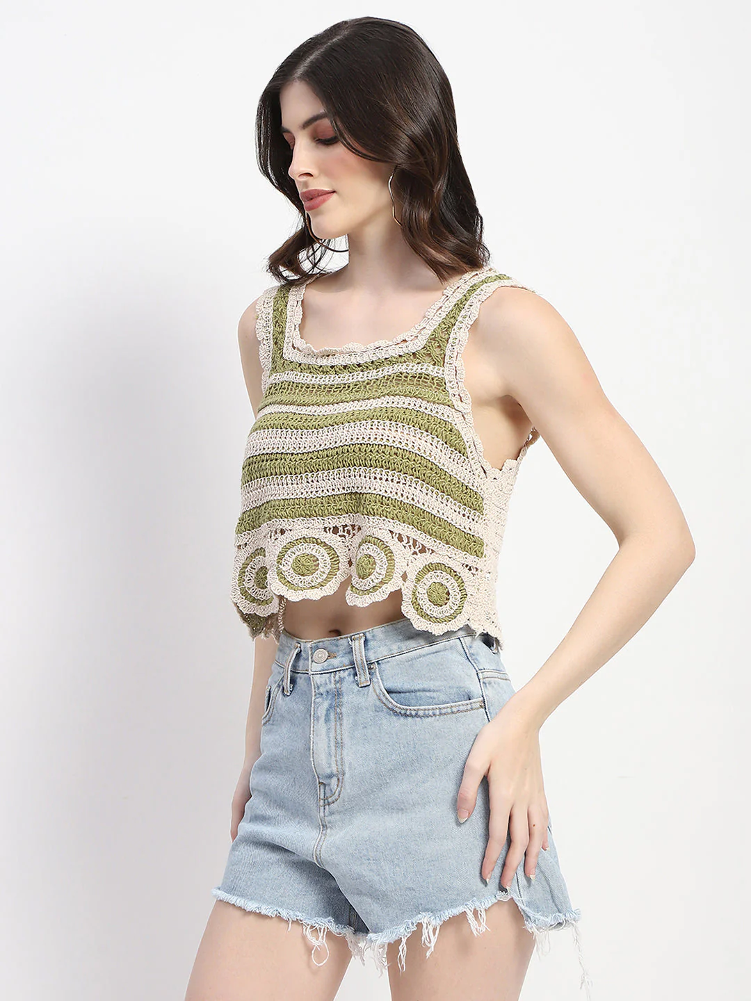 Madame Crochet Knit Green Cotton Crop Top - Image 4
