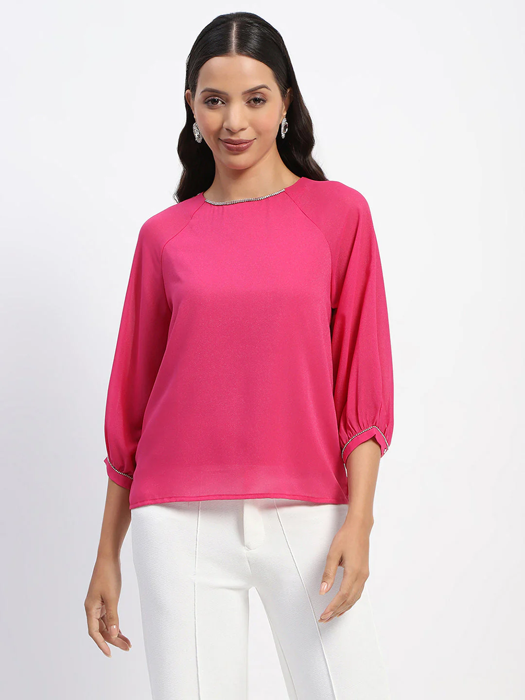 Madame Embellished Puffed Sleeve Hot Pink Top - Image 3