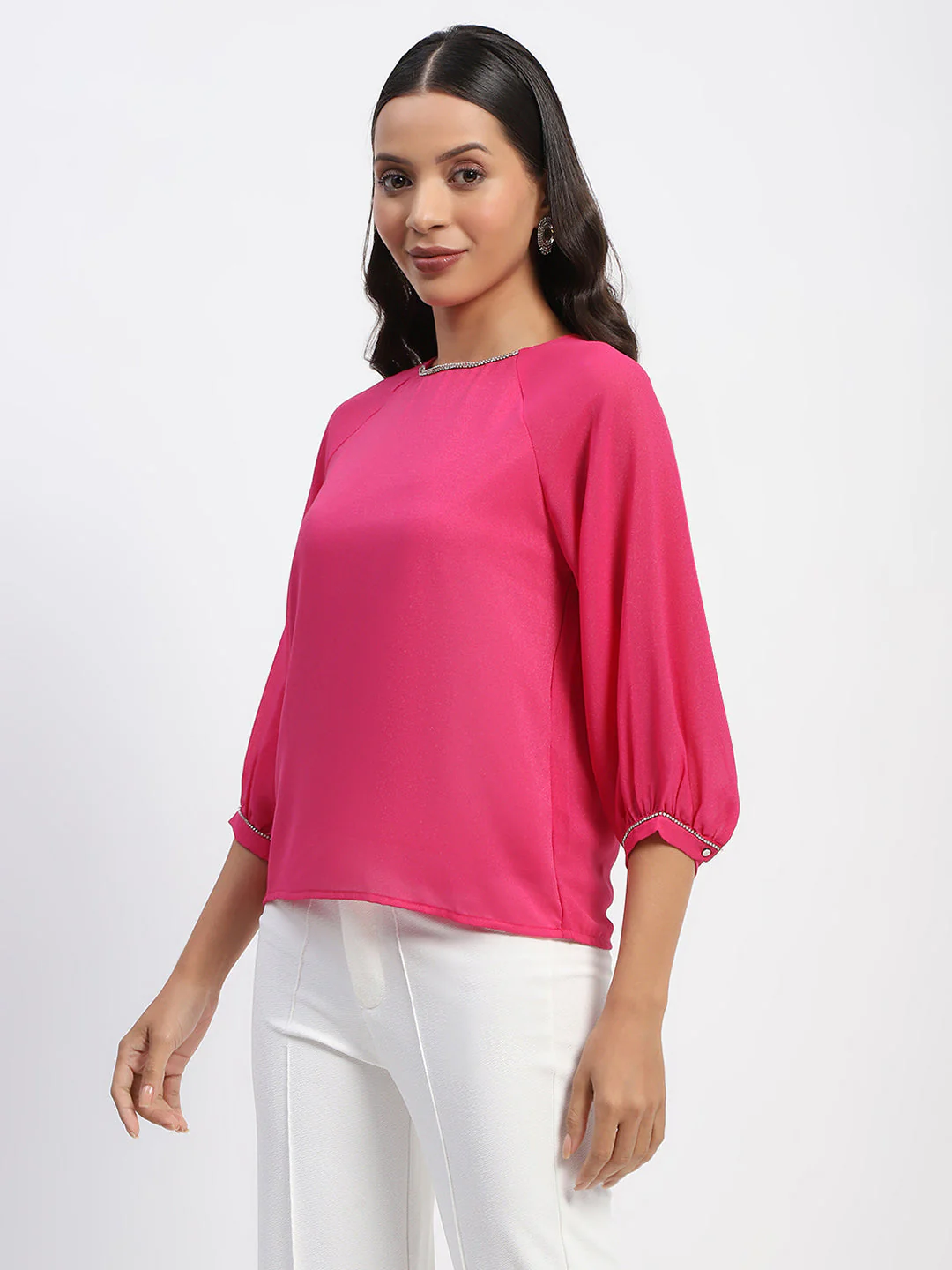 Madame Embellished Puffed Sleeve Hot Pink Top - Image 5