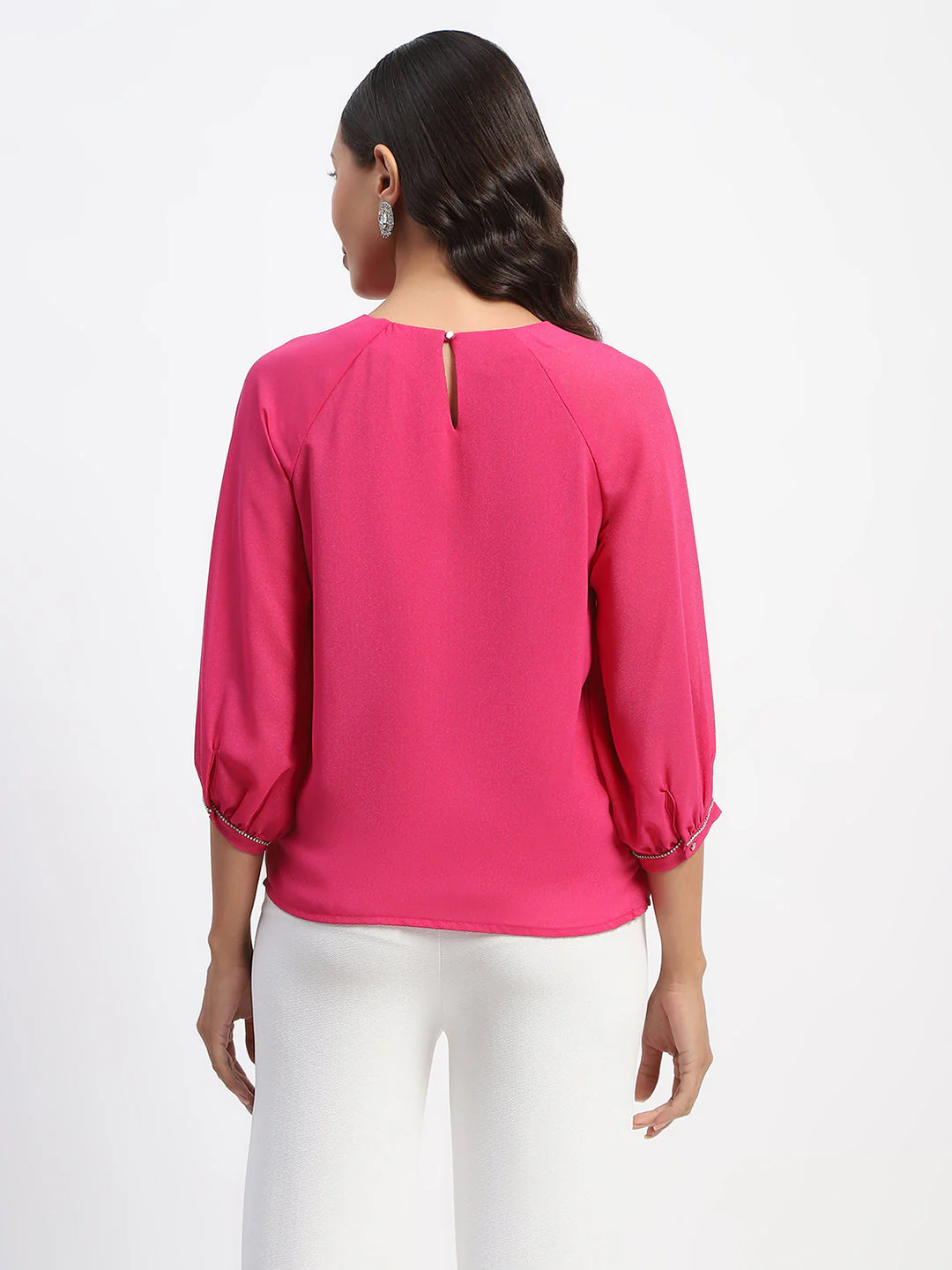 Madame Embellished Puffed Sleeve Hot Pink Top - Image 6