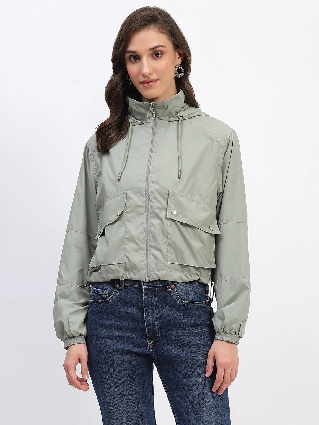 Madame Olive Green Cropped Windbreaker Jacket - Image 3