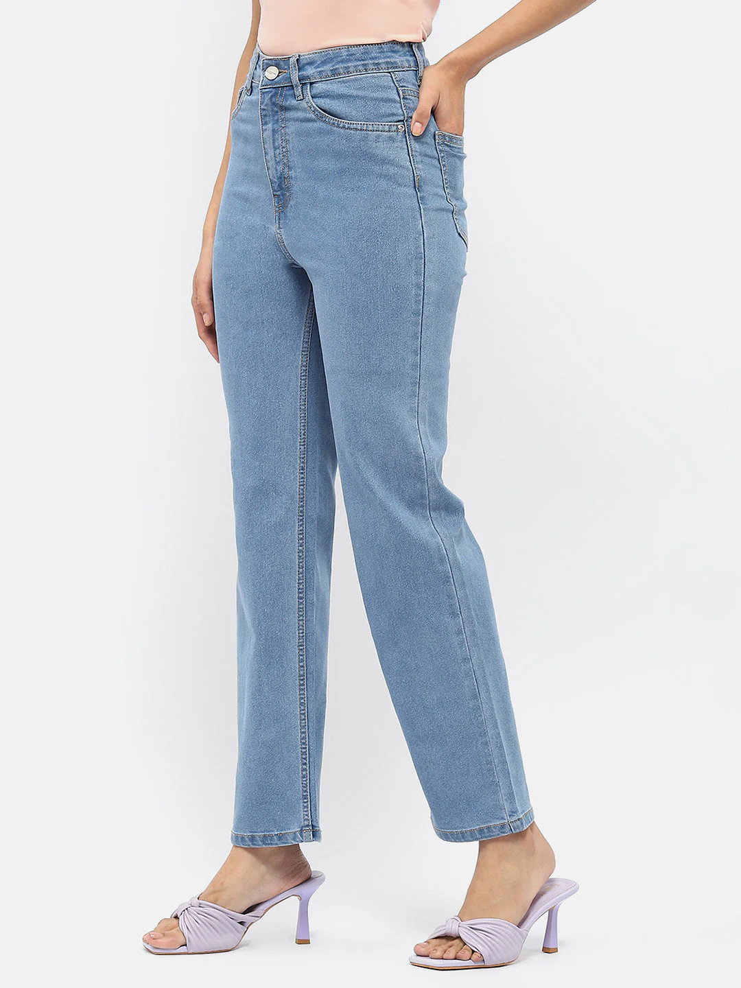 Madame Solid Light Blue Wide Leg Denim Jeans - Image 4