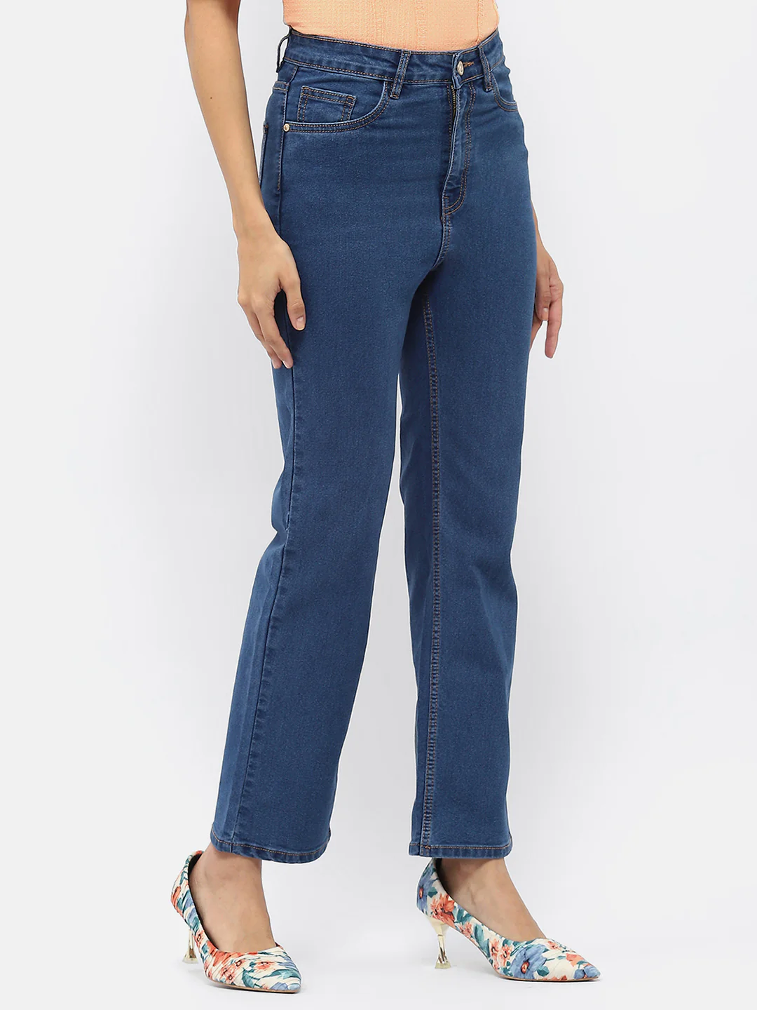 Madame Solid Mid Blue Wide Leg Jeans - Image 3