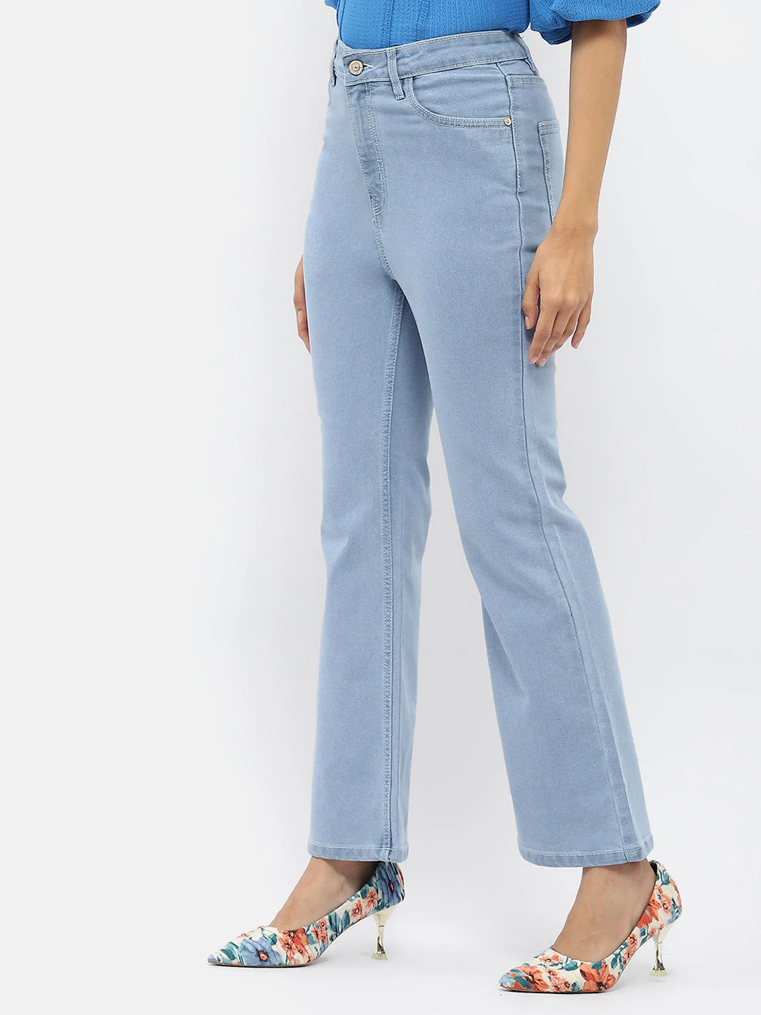 Madame Solid Light Blue Flared Denim Jeans - Image 4