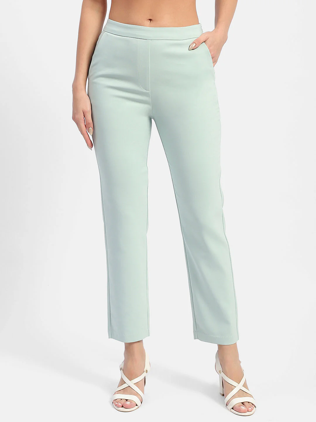 Madame Solid Green Flared Trousers - Image 3