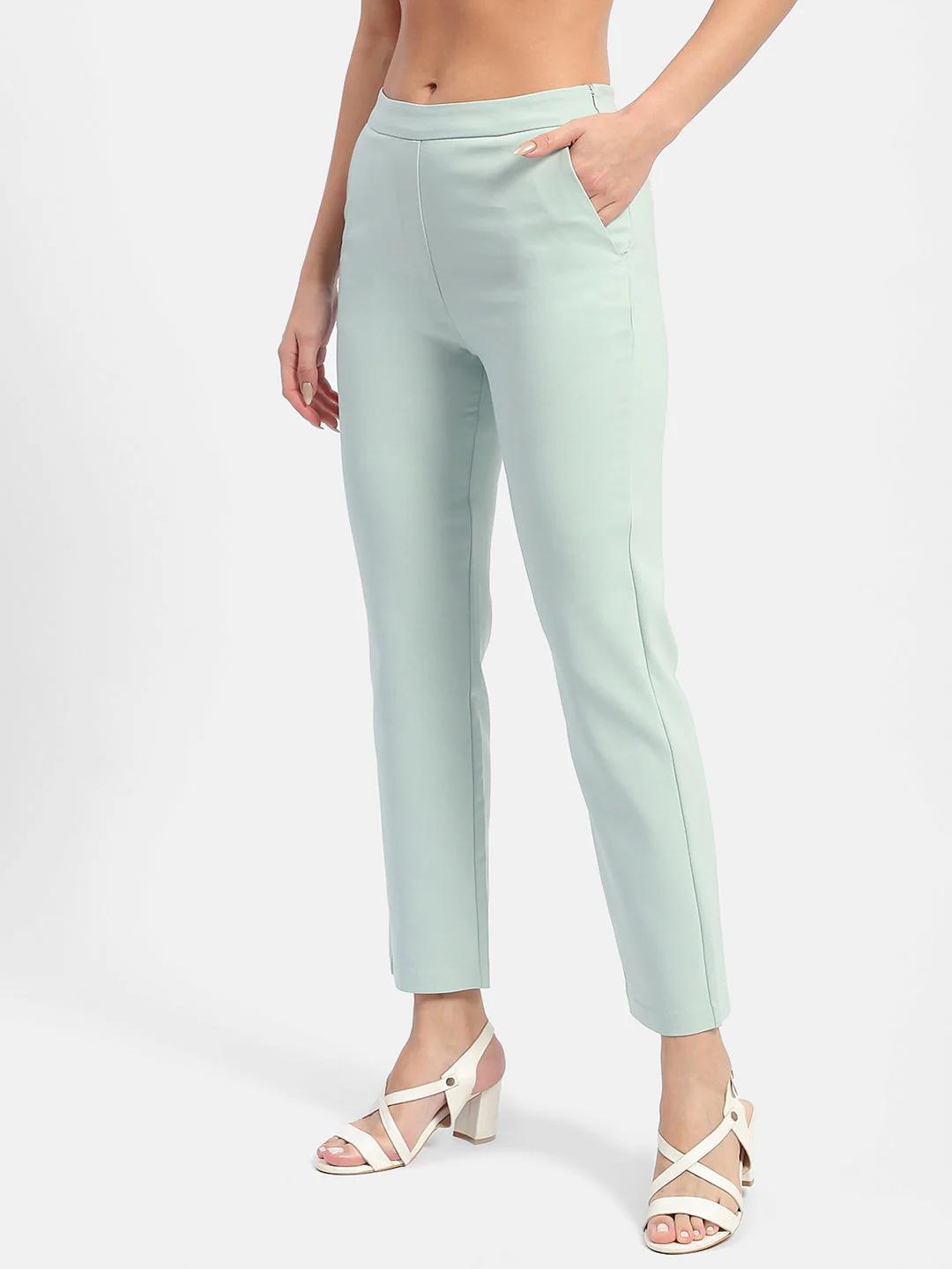 Madame Solid Green Flared Trousers - Image 4
