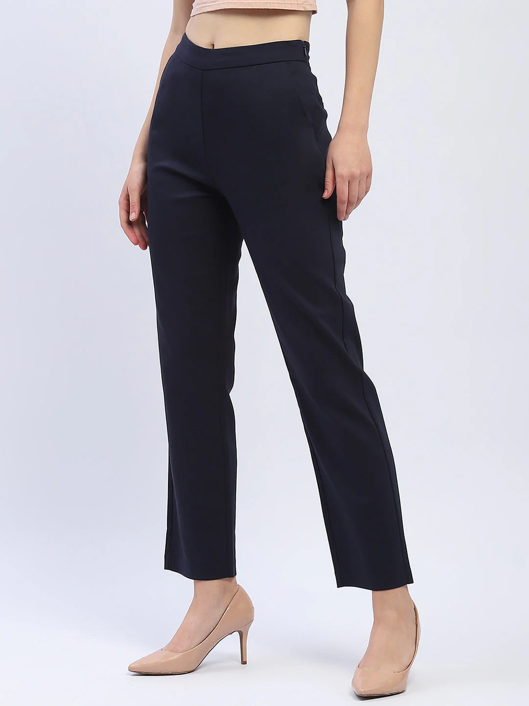 Madame Solid Navy Blue Straight Fit Trousers - Image 4