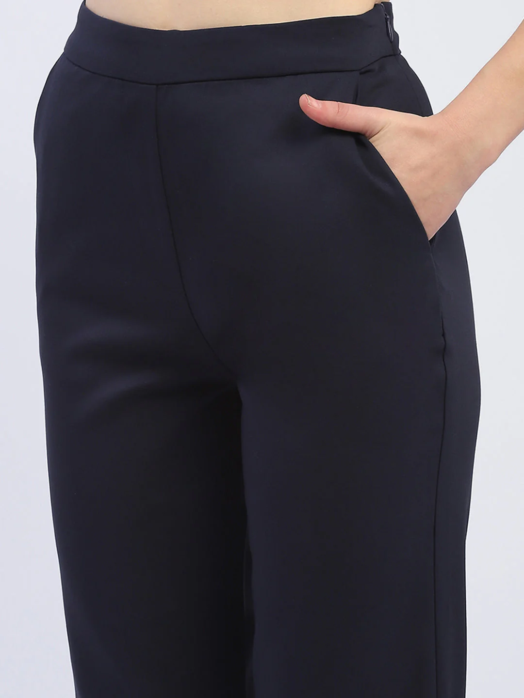 Madame Solid Navy Blue Straight Fit Trousers - Image 5
