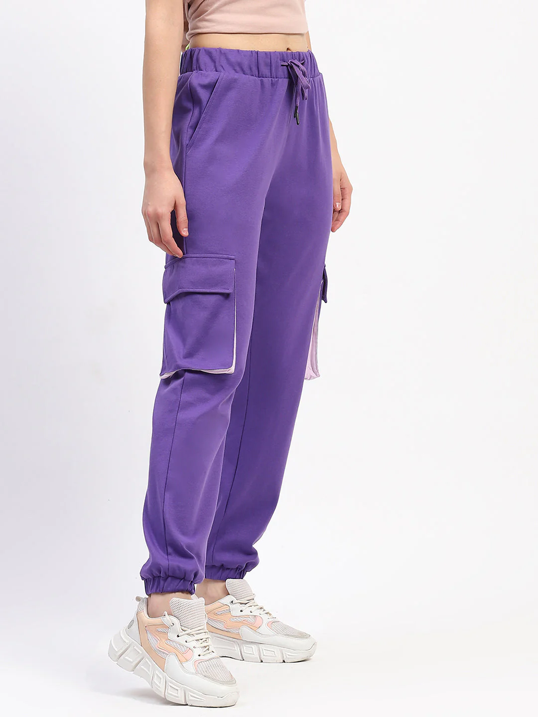 Madame Purple Cotton Joggers with Elastic Waist and Flap Pockets - Image 3