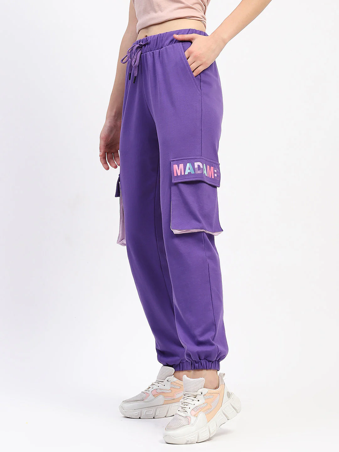 Madame Purple Cotton Joggers with Elastic Waist and Flap Pockets - Image 4