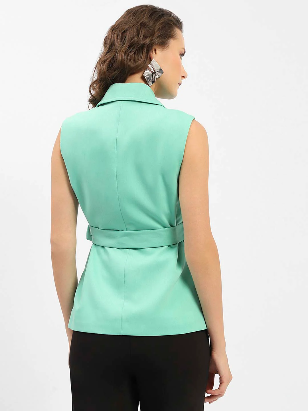 Madame Lapel Collar Green Belted Waist Blazer - Image 6