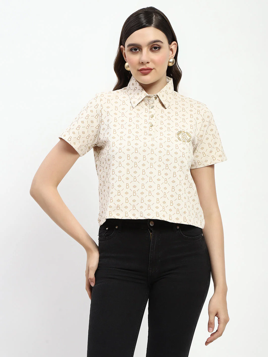 Madame Bridgerton Beige Cotton Polo Top - Image 4