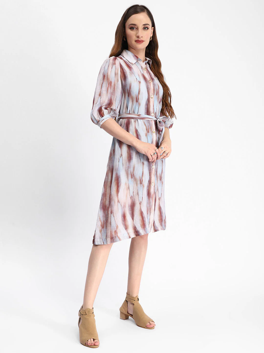 Madame Blue Abstract Print Belted A Line Midi Dress - Image 4