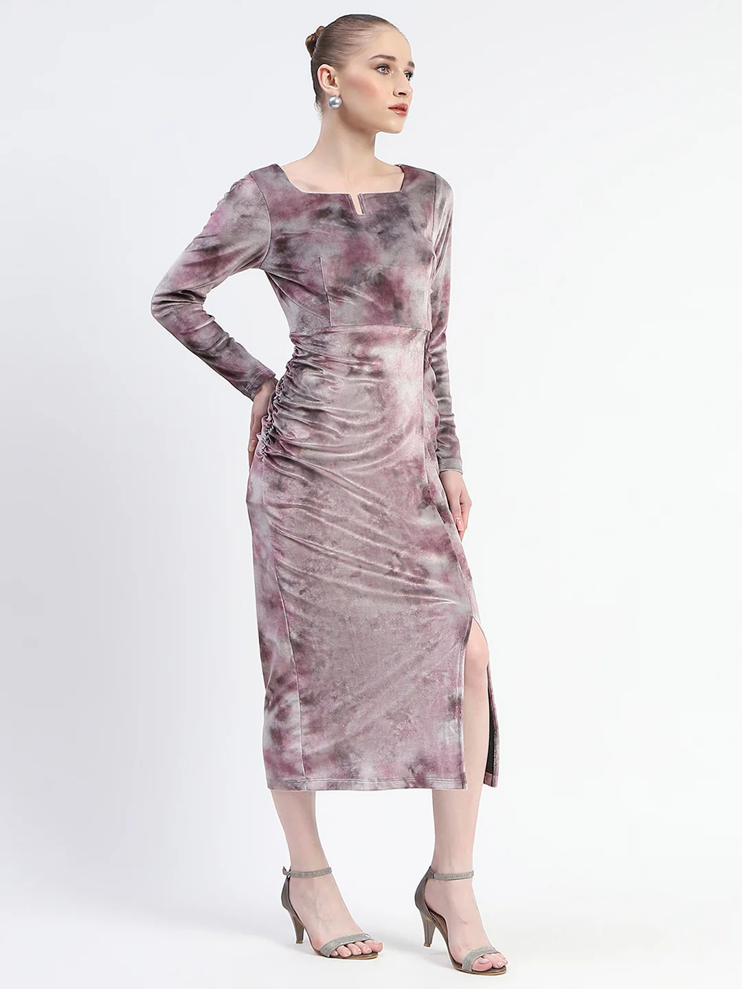 Madame Semi Sheer Side Slit Abstract Print Pink Dress - Image 3