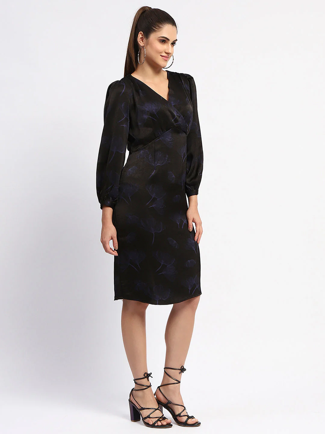 Madame Abstract Print Surplice Neck Black Midi Dress - Image 4