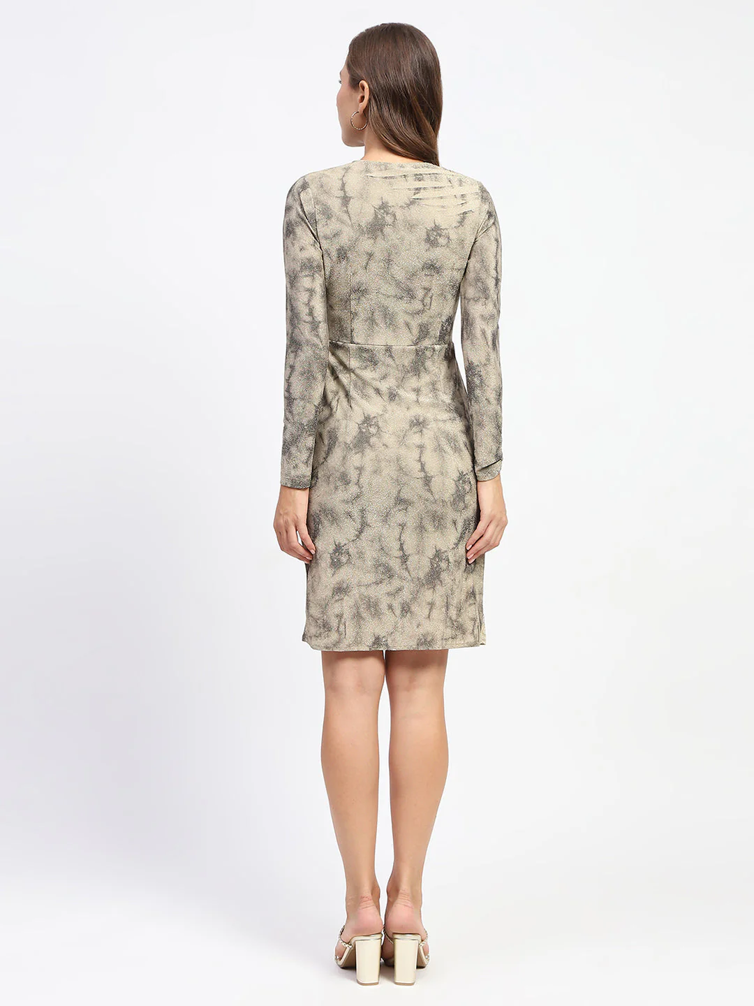 Madame Front Overlapping Printed Golden Bodycon Mesh Dress - Image 5