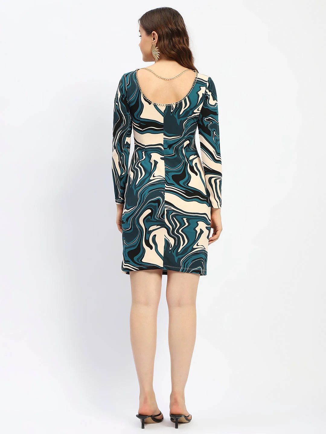 Madame Abstract Print Shoulder Cutout Green Mini Bodycon Dress - Image 5