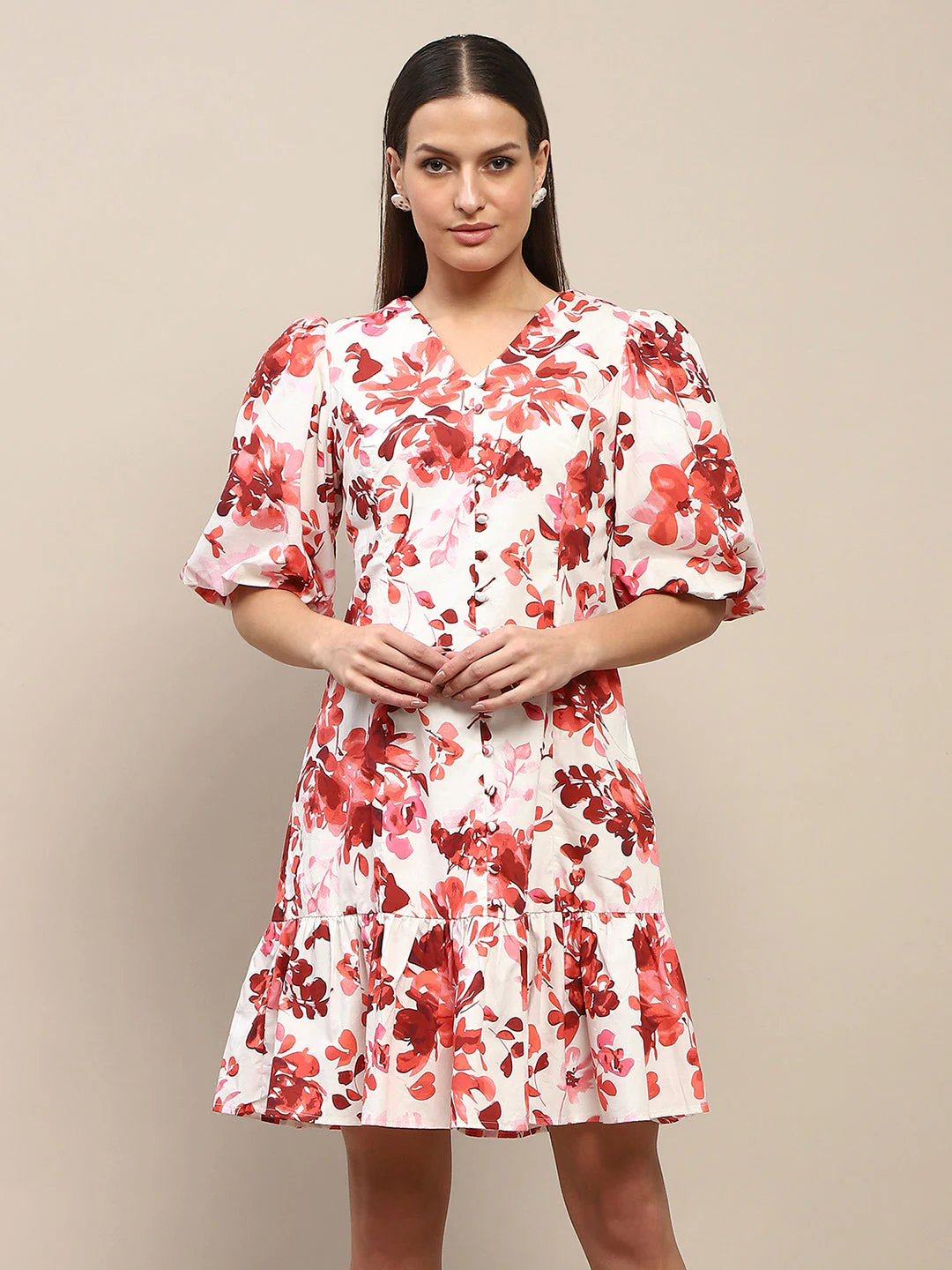 Madame Cotton Floral Print Tiered Red Mini Dress - Image 3