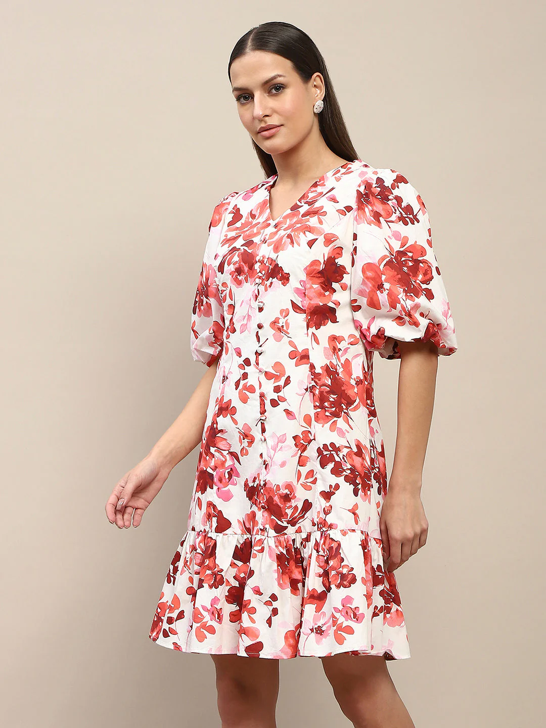Madame Cotton Floral Print Tiered Red Mini Dress - Image 5