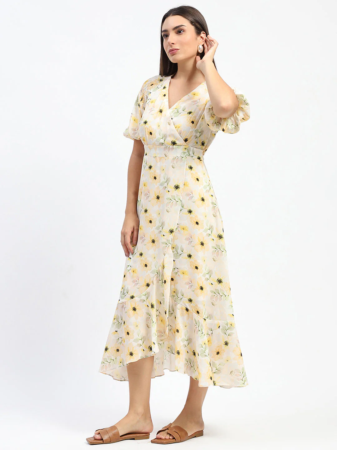 Madame Floral Print Wrap Detailed Yellow Maxi Dress - Image 4