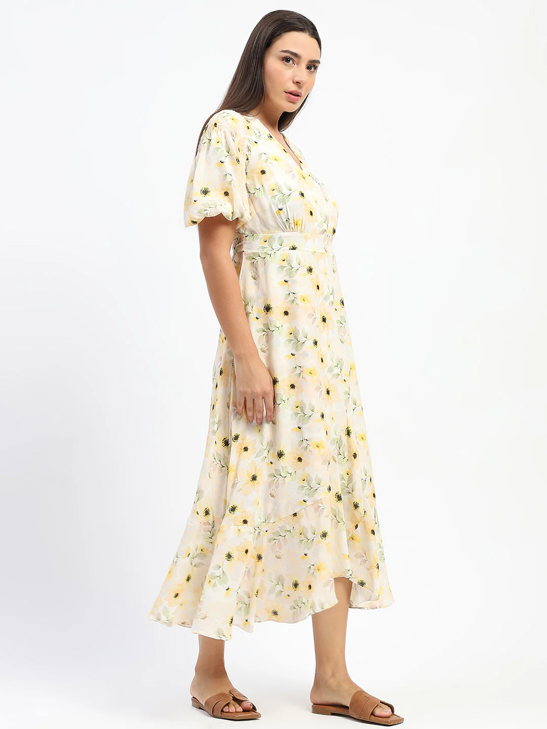Madame Floral Print Wrap Detailed Yellow Maxi Dress - Image 5