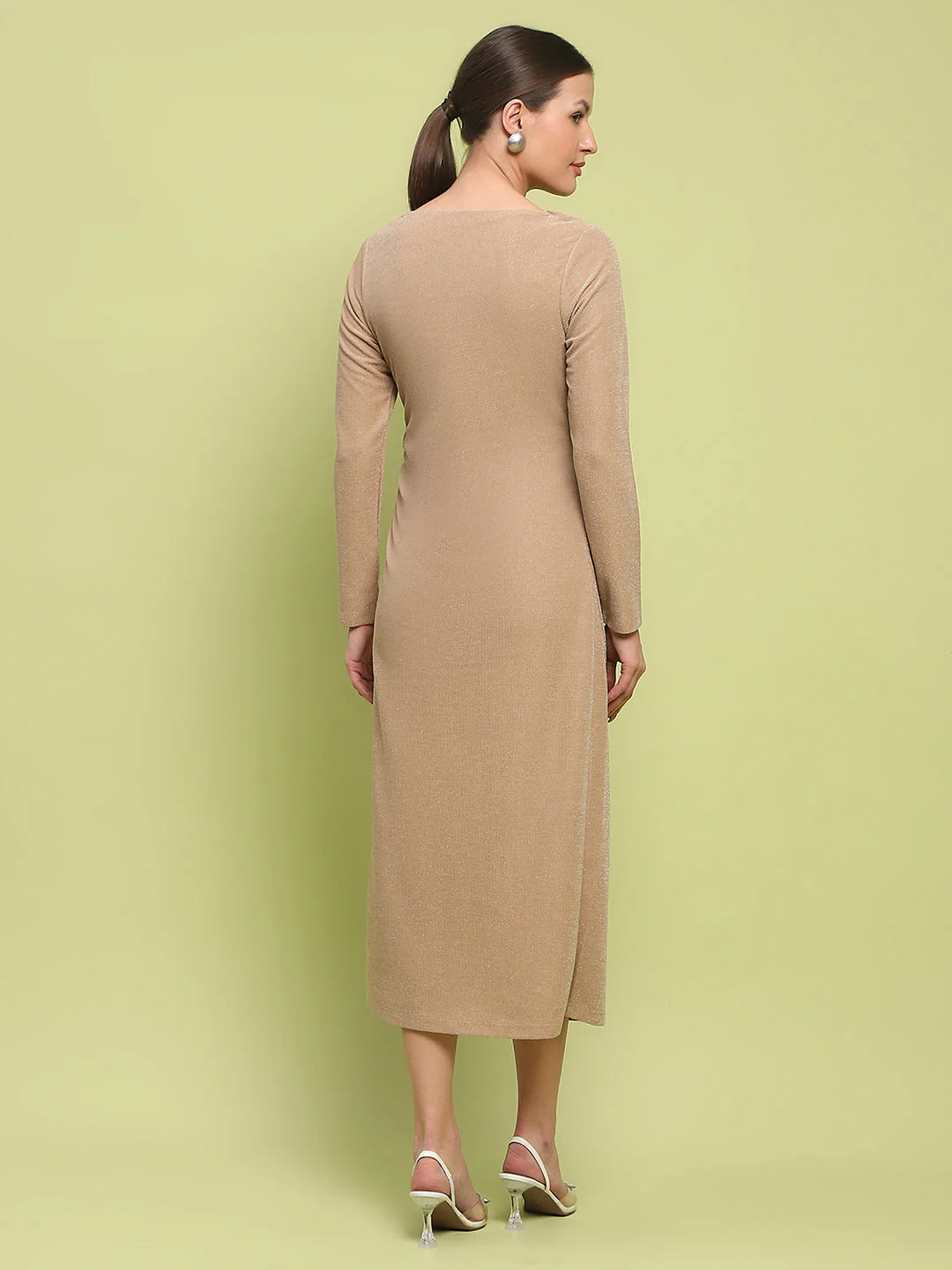 Madame Front Ruched Self Design Golden Knit Maxi Dress - Image 6