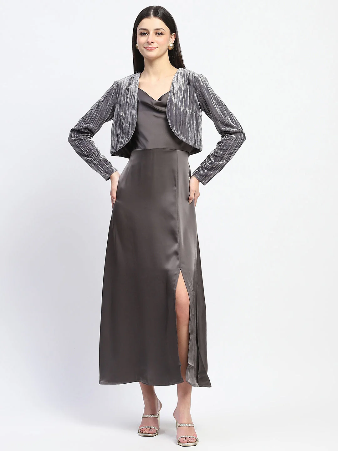 Madame Cowl Neck Solid Grey Satin Maxi Dress - Image 3