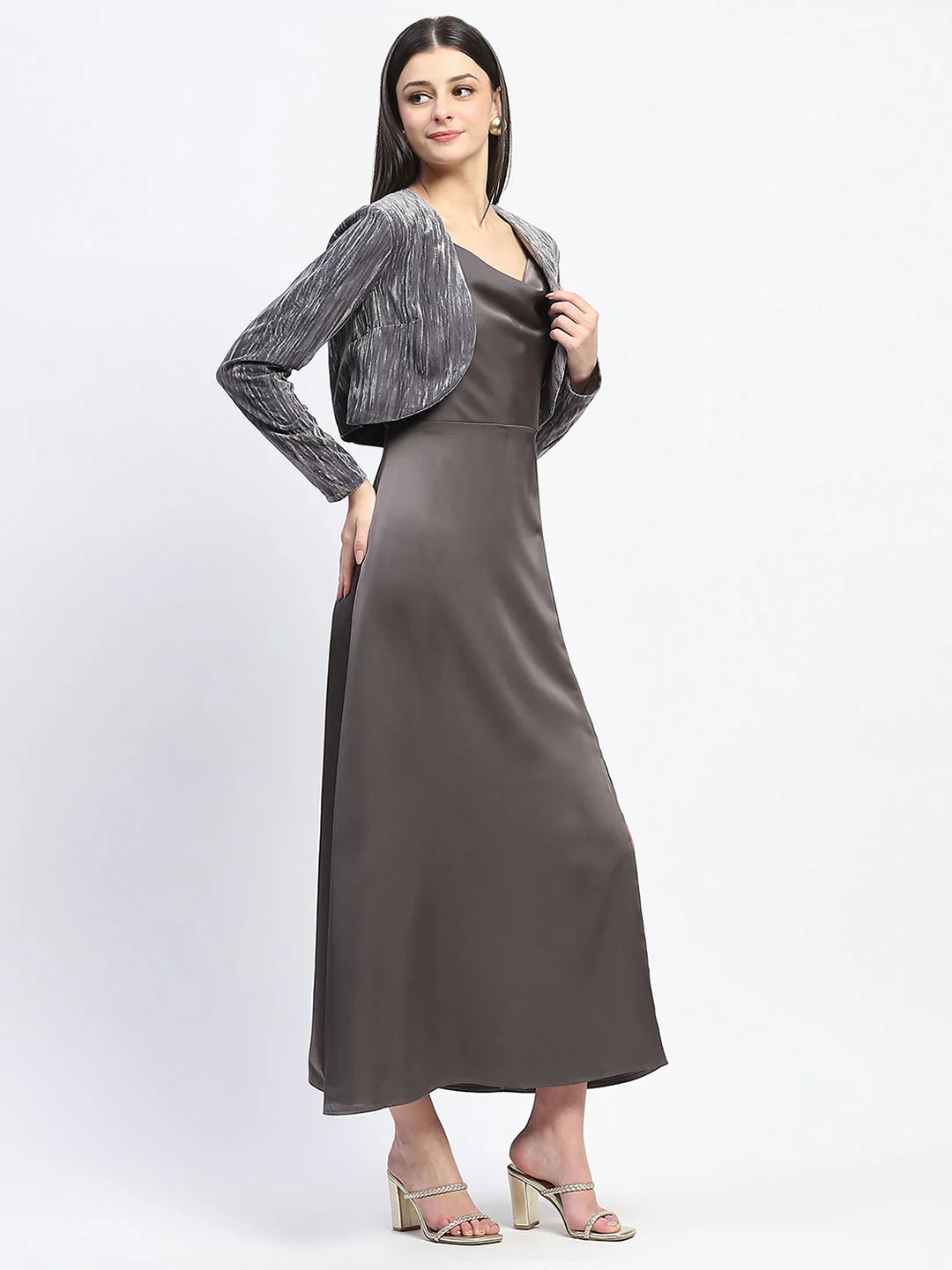 Madame Cowl Neck Solid Grey Satin Maxi Dress - Image 4