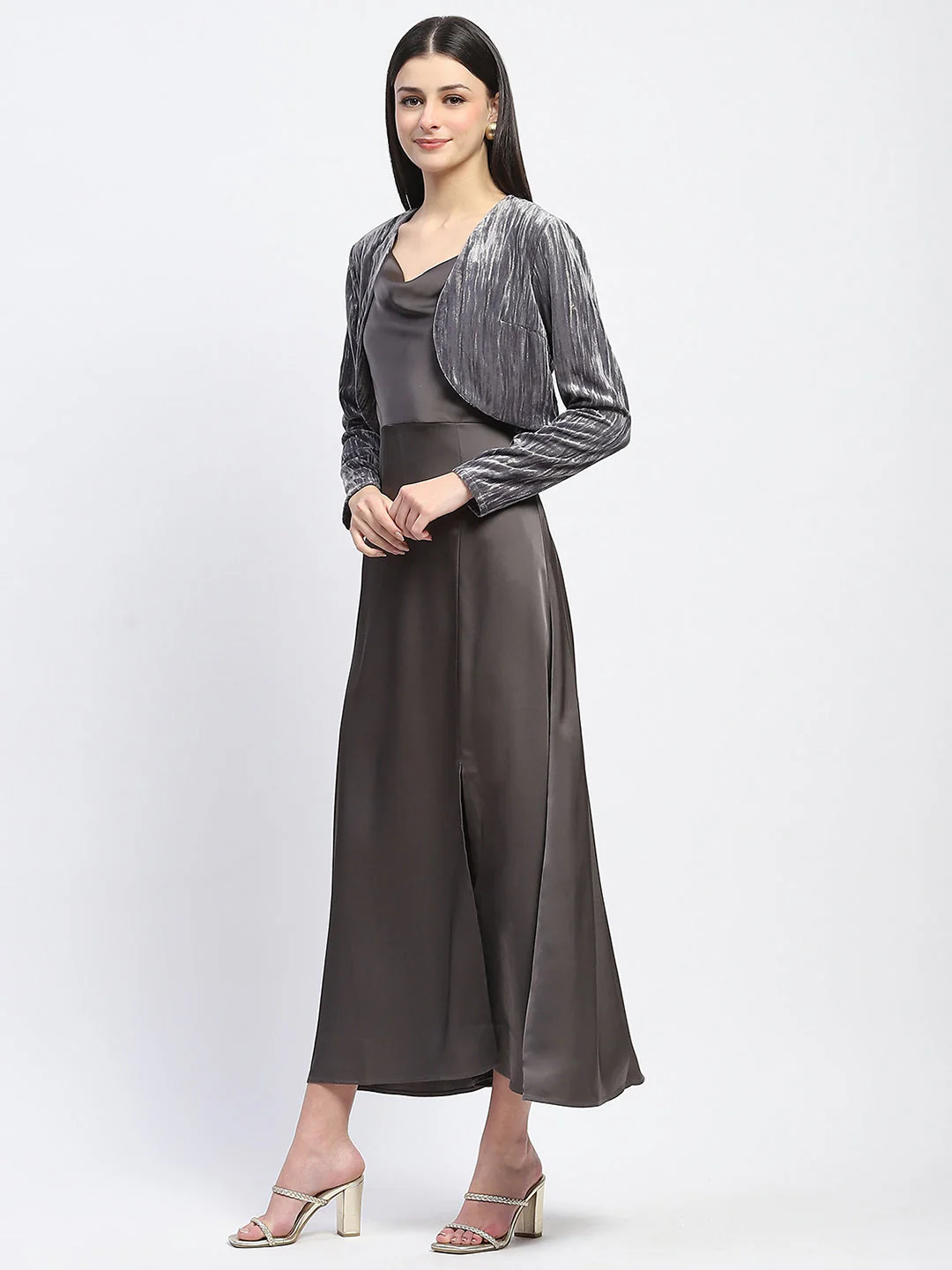 Madame Cowl Neck Solid Grey Satin Maxi Dress - Image 5