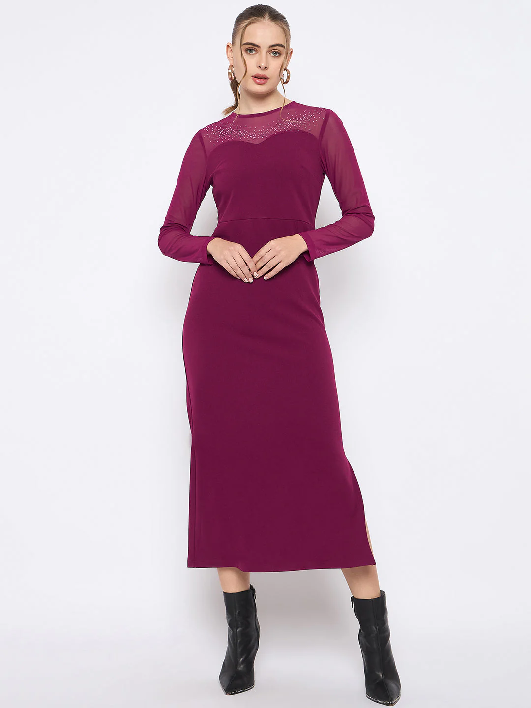 Madame Swarovski Detailed Solid Plum Round Neck Knitted Maxi Dress - Image 3