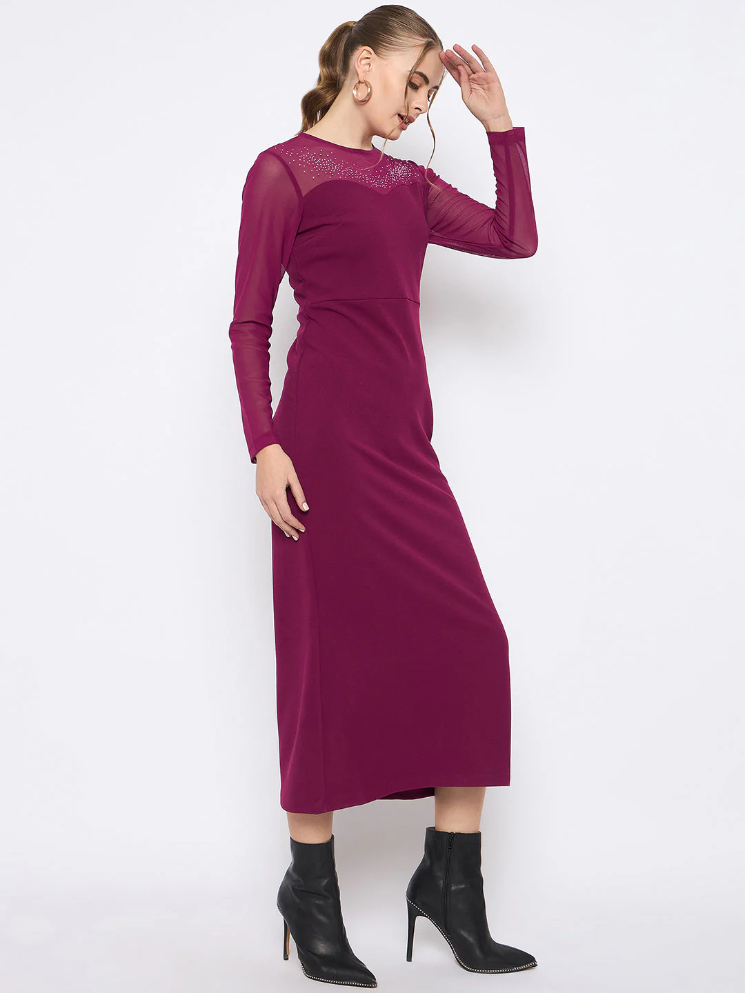 Madame Swarovski Detailed Solid Plum Round Neck Knitted Maxi Dress - Image 4