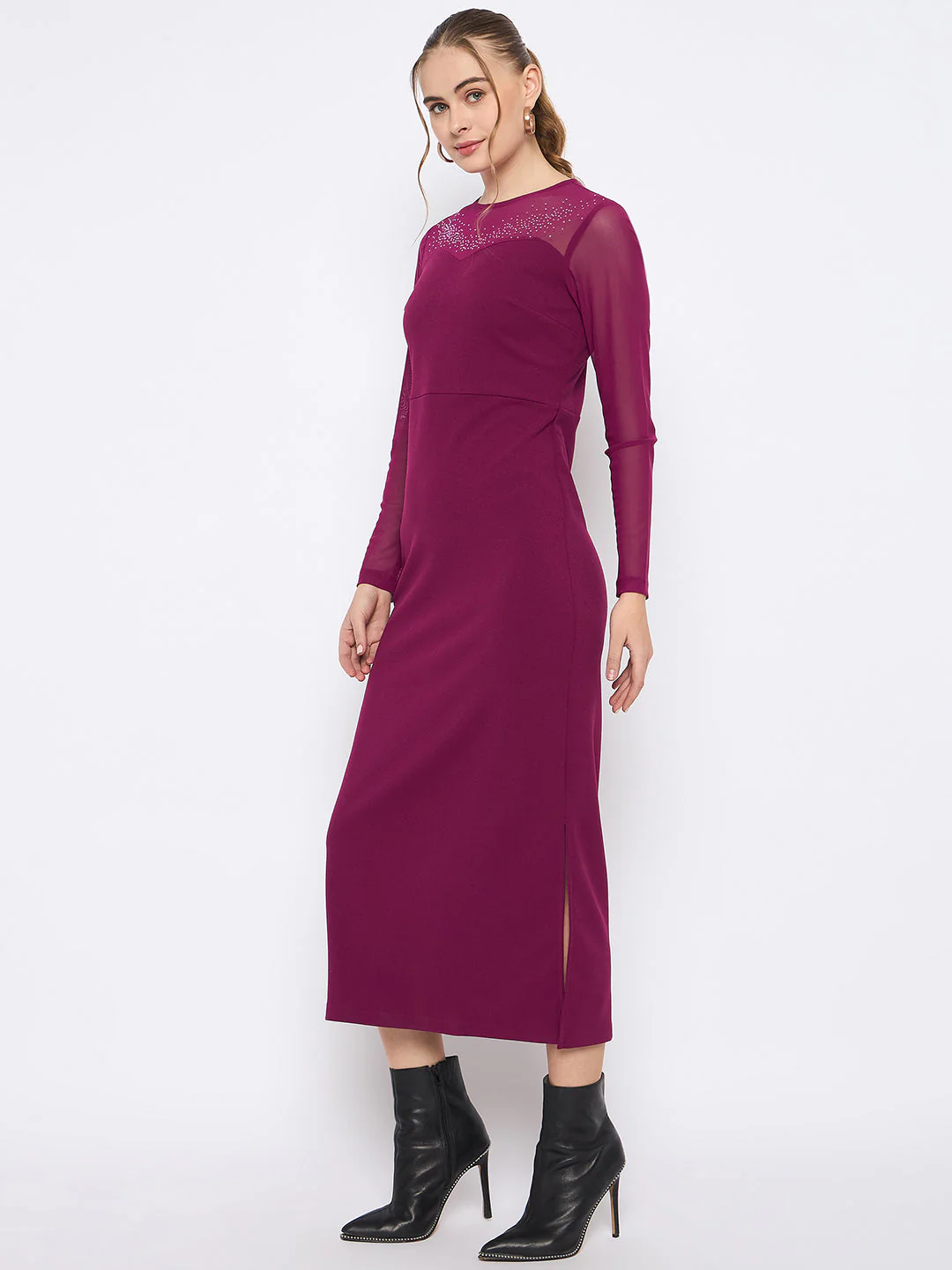 Madame Swarovski Detailed Solid Plum Round Neck Knitted Maxi Dress - Image 5