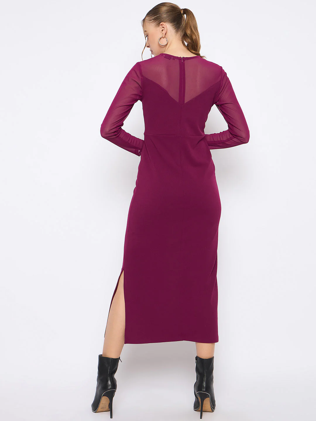 Madame Swarovski Detailed Solid Plum Round Neck Knitted Maxi Dress - Image 6