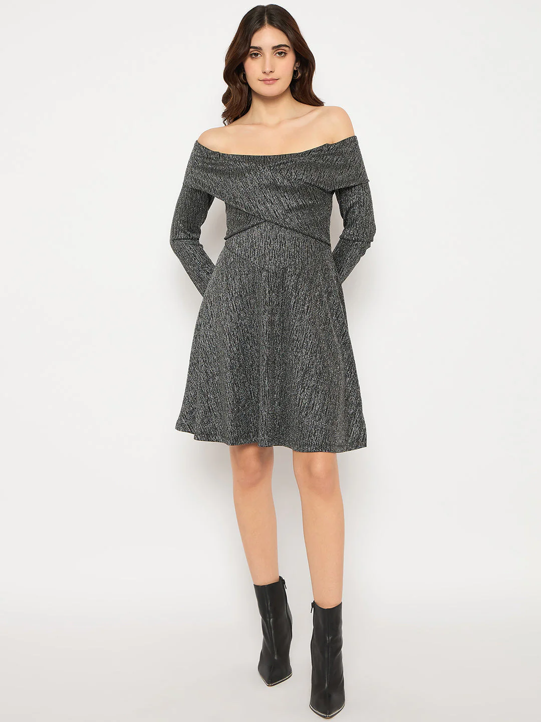 Madame Off Shoulder Self Design Black Knitted Midi Dress - Image 3