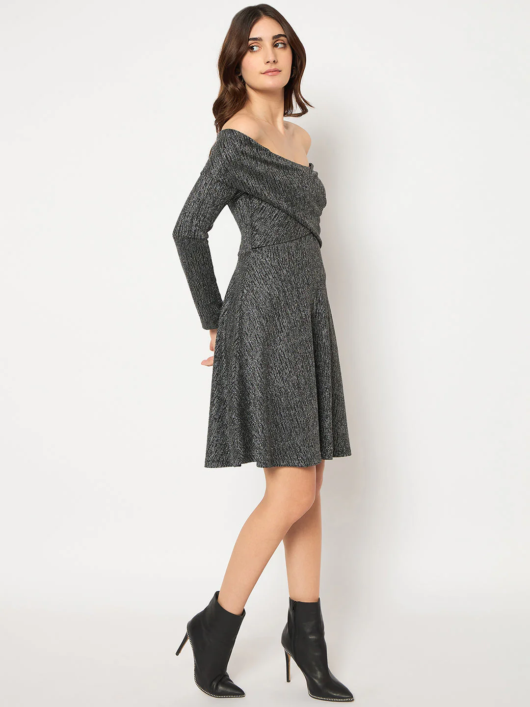Madame Off Shoulder Self Design Black Knitted Midi Dress - Image 4
