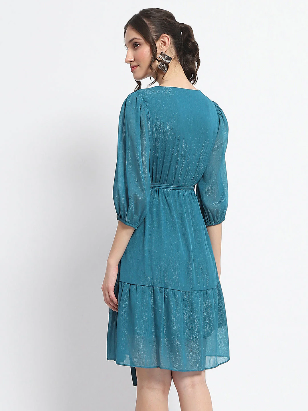 Madame Shimmery Tiered Belted Waist Teal Midi Dress - Image 6