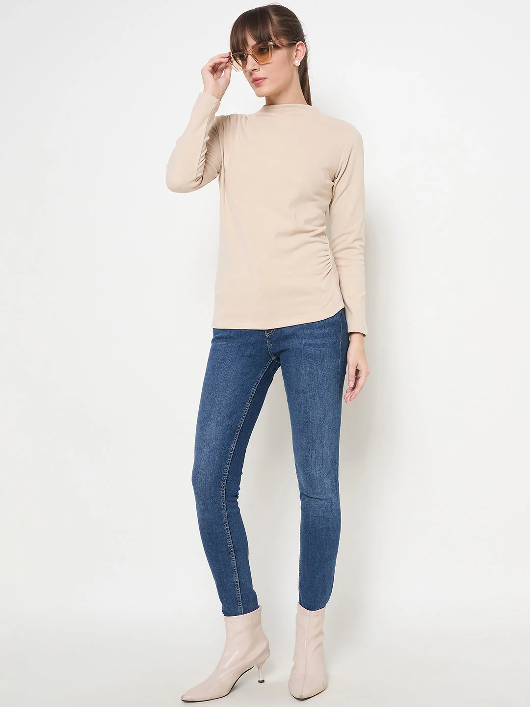 Madame Funnel Neck Full Sleeve Seam Detailed Solid Beige Knitted Top - Image 3