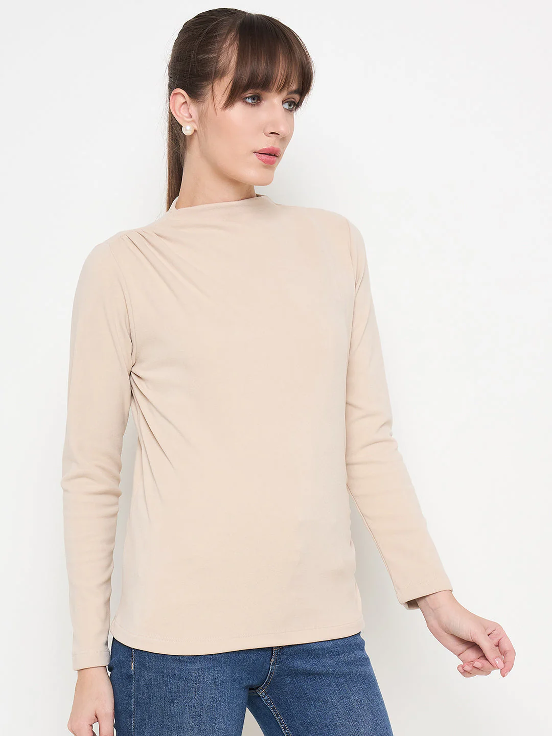 Madame Funnel Neck Full Sleeve Seam Detailed Solid Beige Knitted Top - Image 5