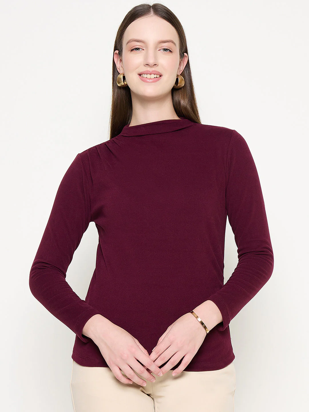 Madame Funnel Neck Full Sleeve Seam Detailed Solid Maroon Knitted Top - Image 3