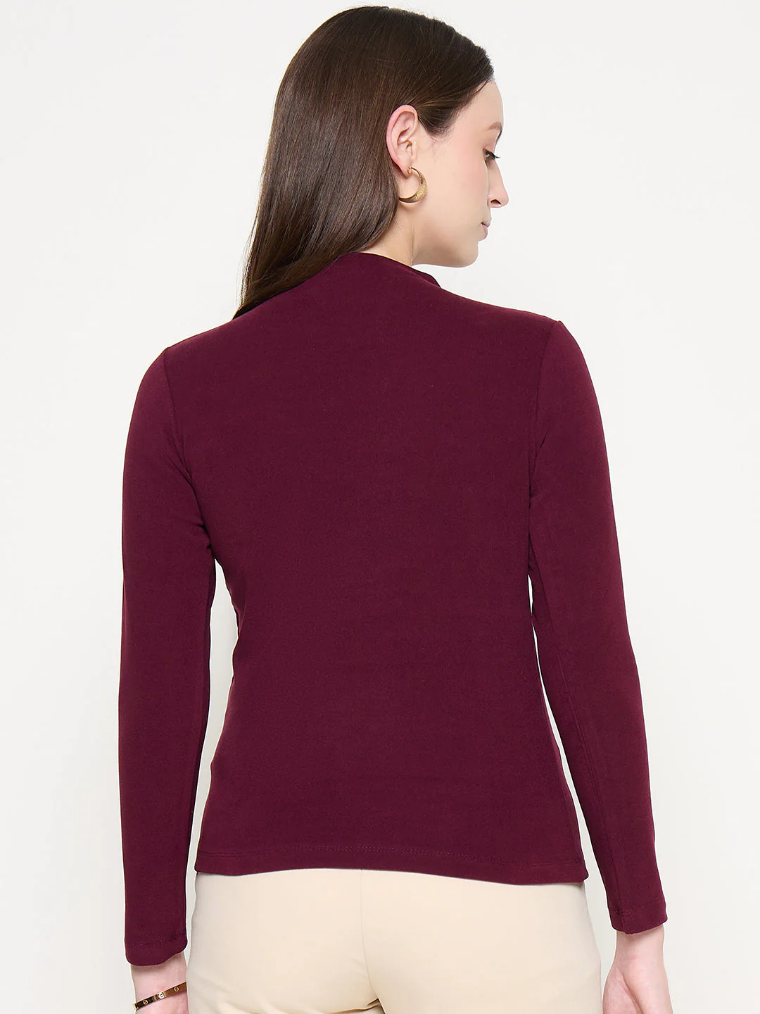 Madame Funnel Neck Full Sleeve Seam Detailed Solid Maroon Knitted Top - Image 6