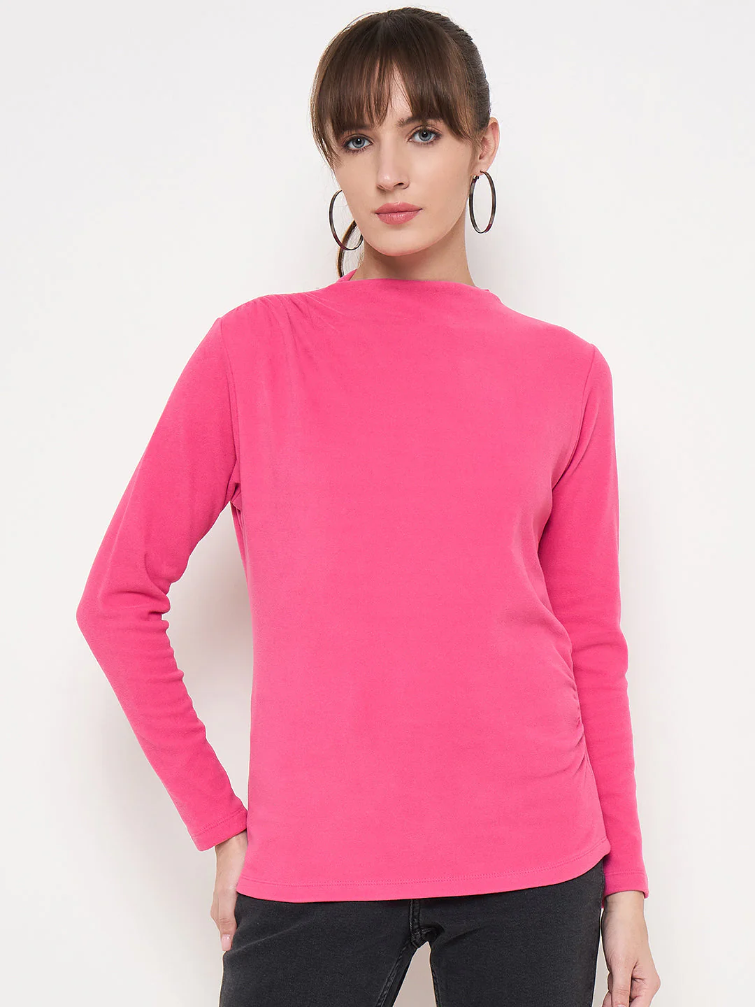 Madame Funnel Neck Full Sleeve Seam Detailed Solid Pink Knitted Top - Image 3