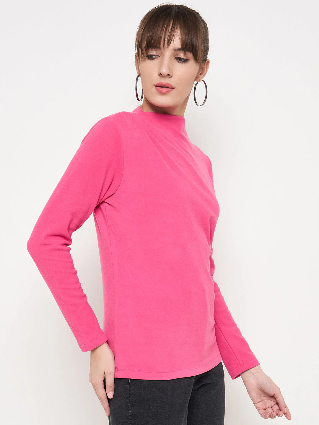 Madame Funnel Neck Full Sleeve Seam Detailed Solid Pink Knitted Top - Image 4