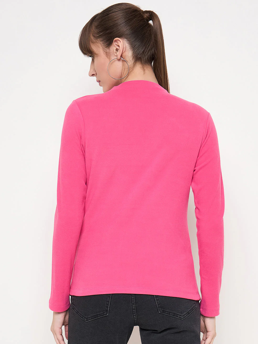 Madame Funnel Neck Full Sleeve Seam Detailed Solid Pink Knitted Top - Image 6