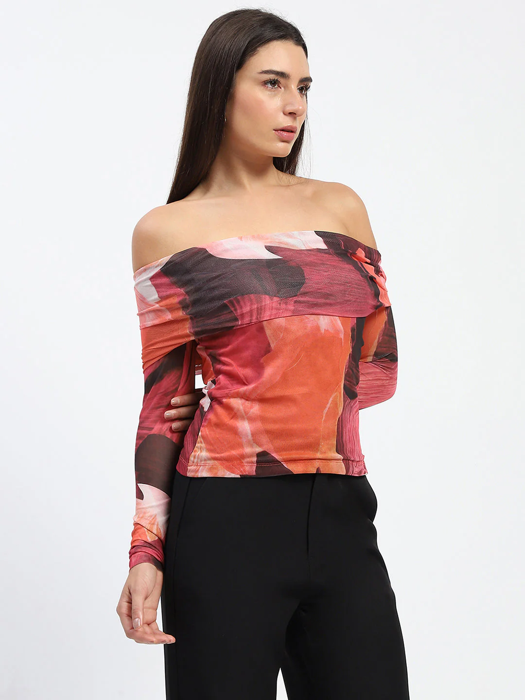 Madame Off Shoulder Semi Sheer Abstract Print Orange Top - Image 3