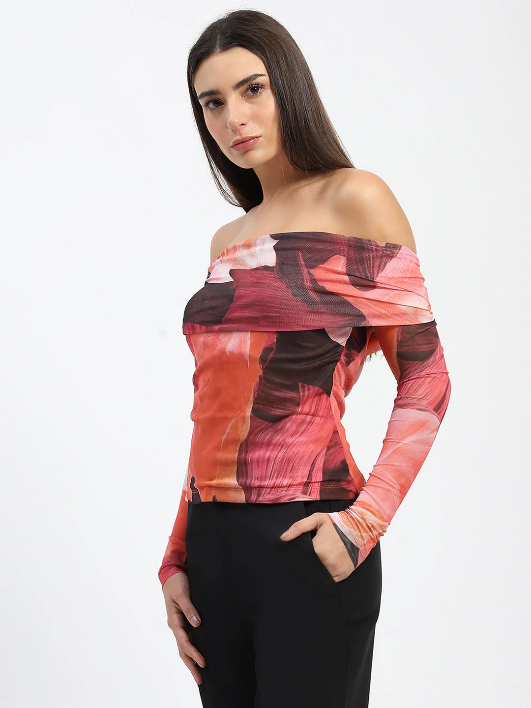 Madame Off Shoulder Semi Sheer Abstract Print Orange Top - Image 4