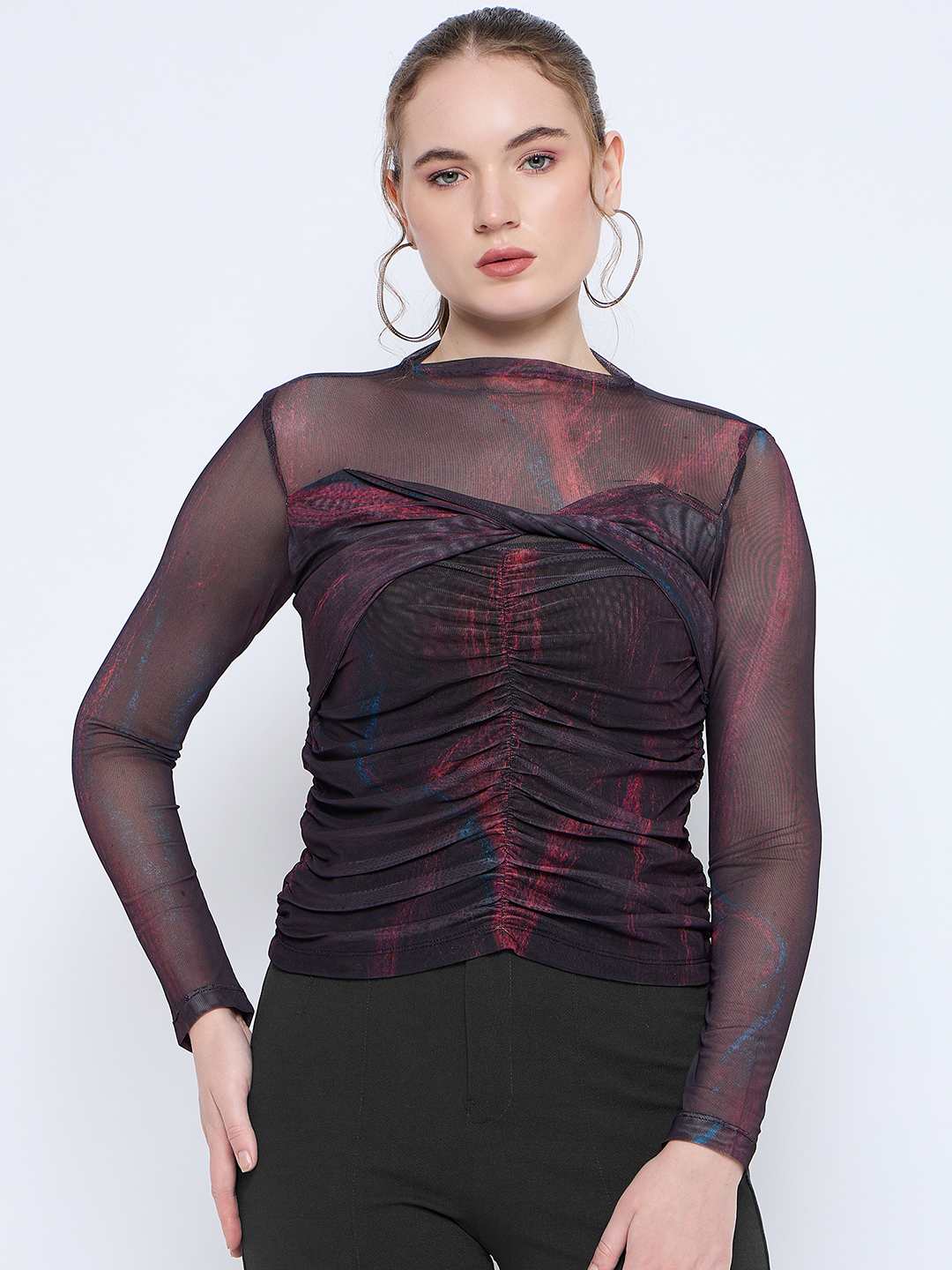 Madame Semi Sheer Abstract Print Centre Ruched Black Top - Image 3