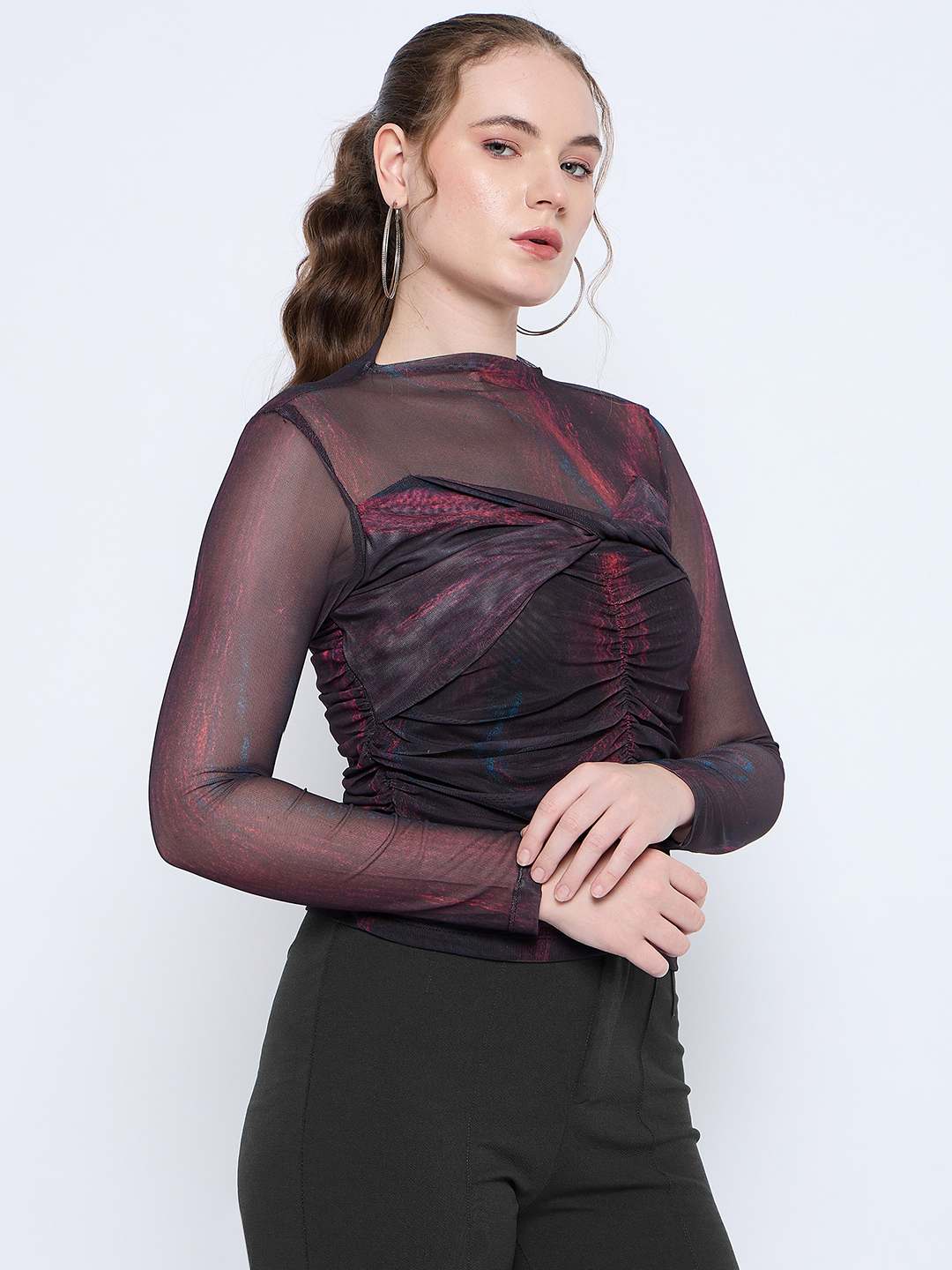 Madame Semi Sheer Abstract Print Centre Ruched Black Top - Image 4