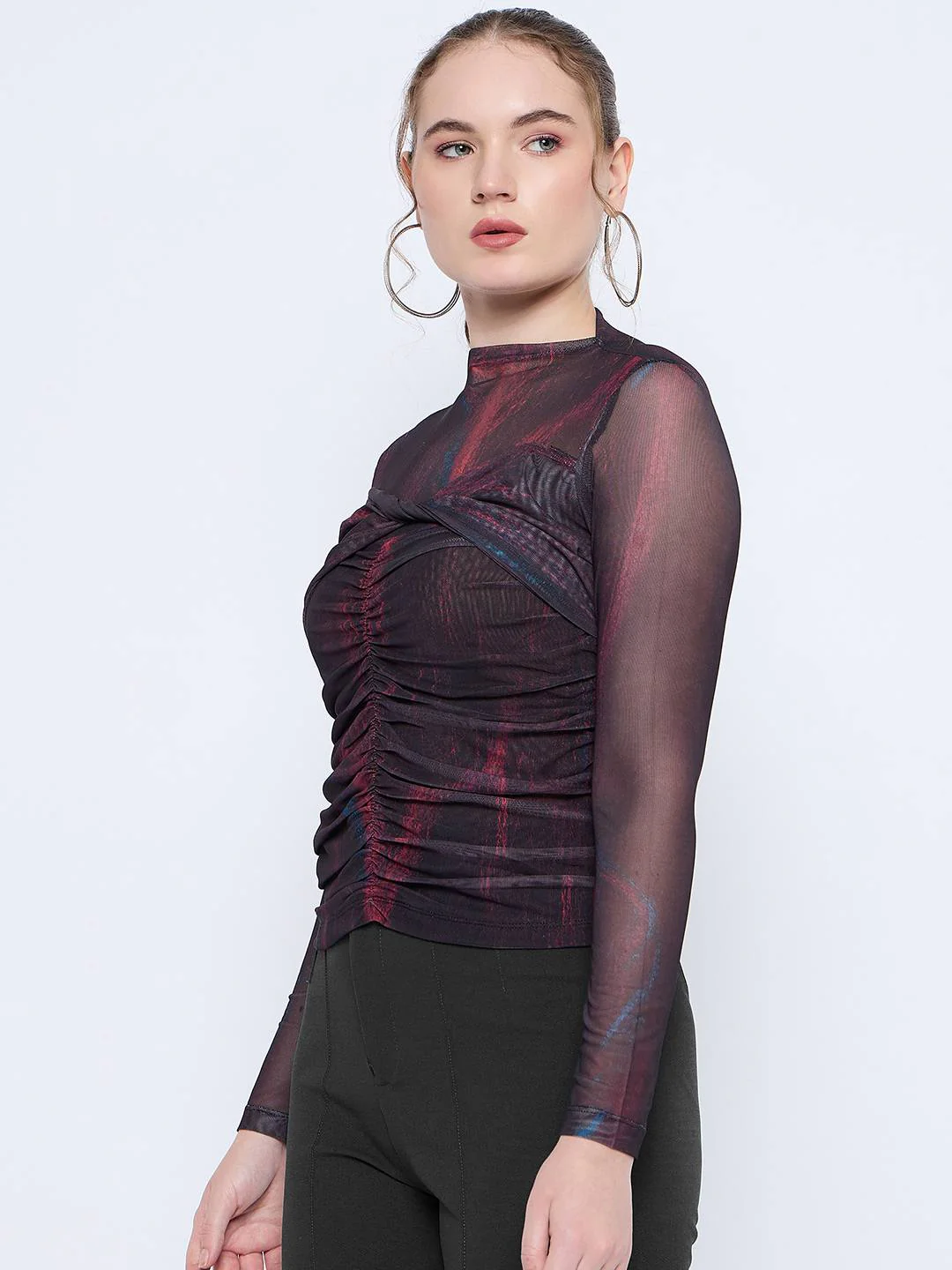Madame Semi Sheer Abstract Print Centre Ruched Black Top - Image 5