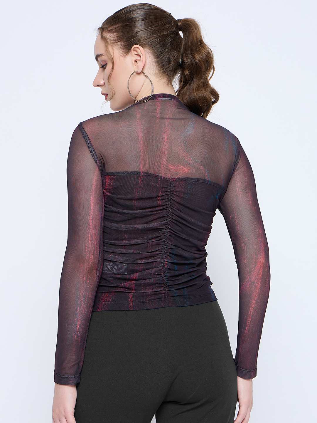 Madame Semi Sheer Abstract Print Centre Ruched Black Top - Image 6