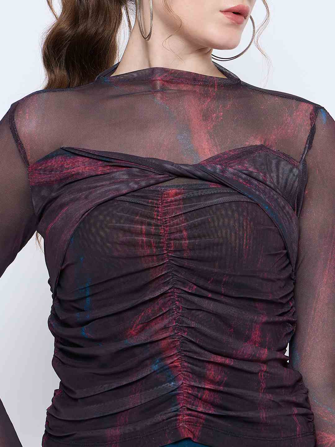 Madame Semi Sheer Abstract Print Centre Ruched Black Top - Image 7